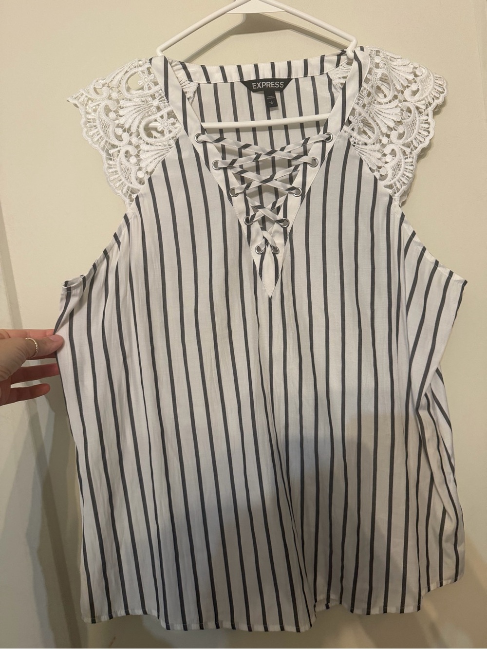 Express White Lace-Trim Striped Lace-Up Camisole - Picture 2 of 5
